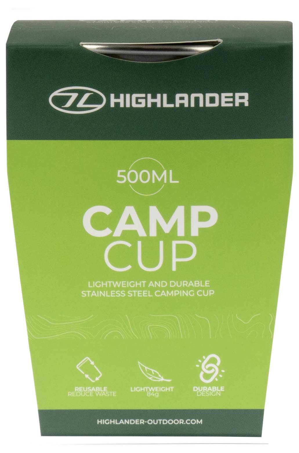 Zelená krabice s označením "Highlander 500ml Camp Cup", obsahující ikony pro opakovaně použitelný design, lehkou váhu a odolnost.