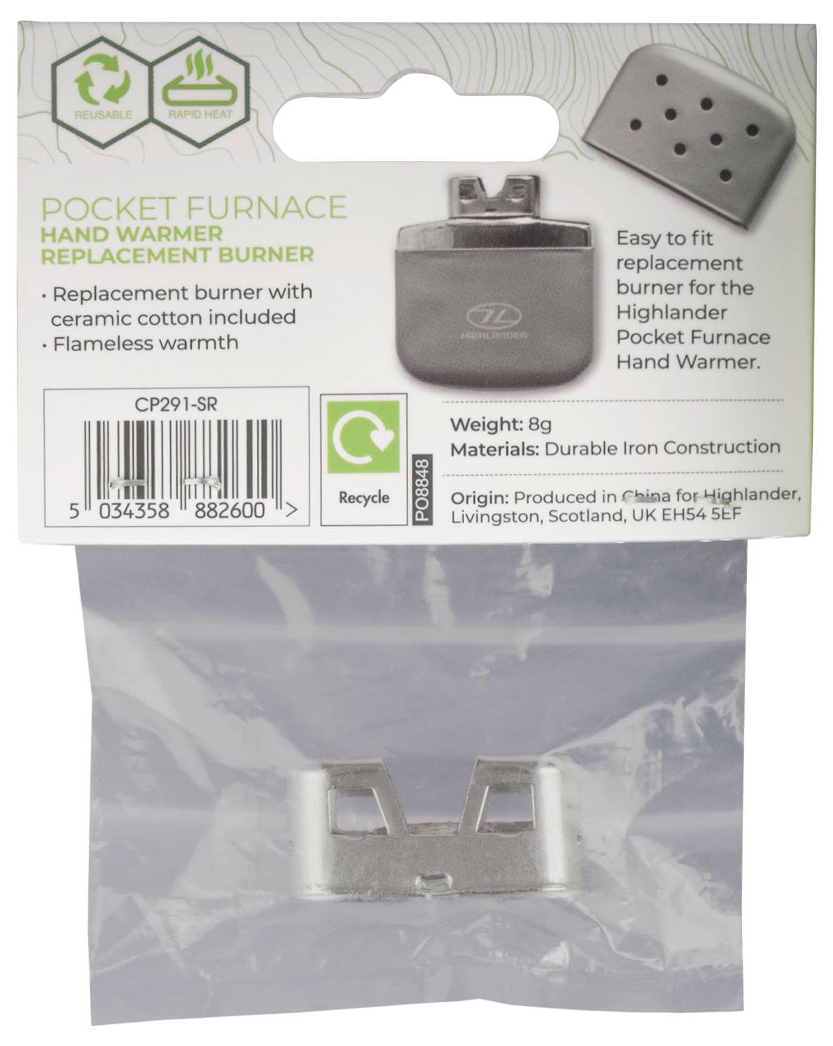 Pouzdro hořáku ruční ohřívače Pocket Furnace<br><br>Náhradní hořák<br><br>Obrázek zobrazuje kovovou část hořáku a podrobně popisuje jeho použití se zařízením Highlander Pocket Furnace.
