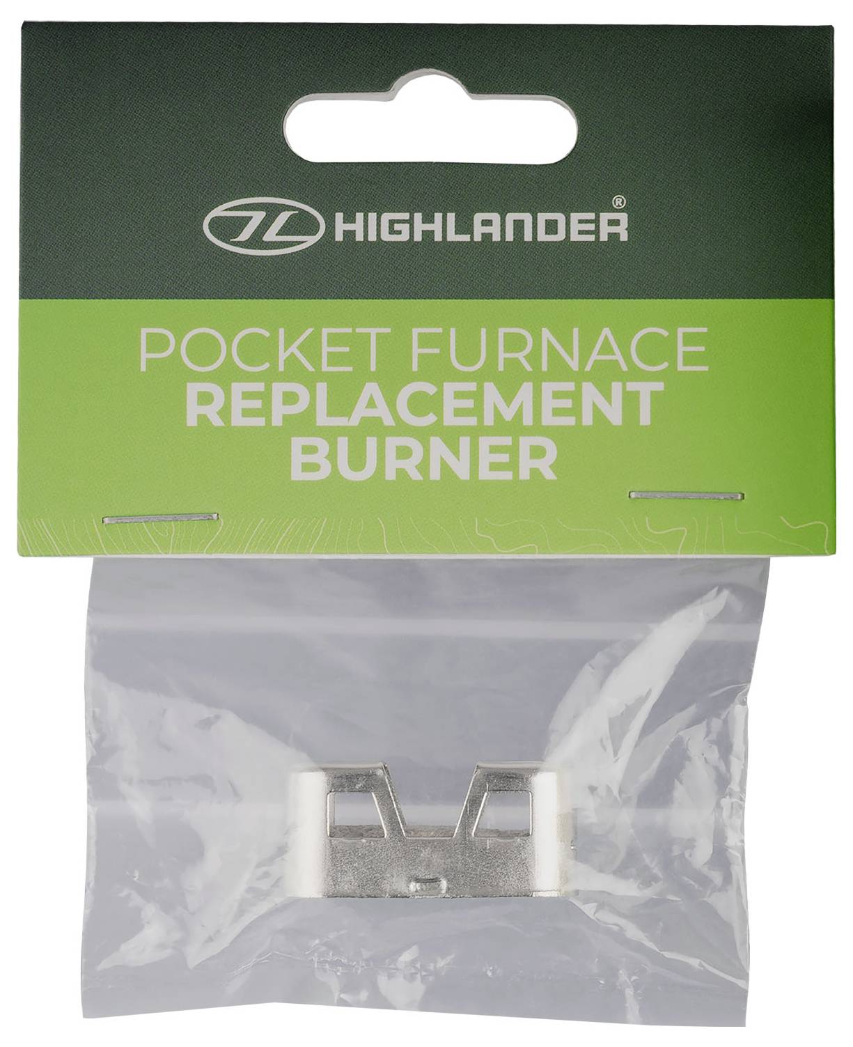 „Náhradní hořák Highlander Pocket Furnace" – balení ukazující kovový kus hořáku v průhledném plastovém sáčku, připravený k použití.