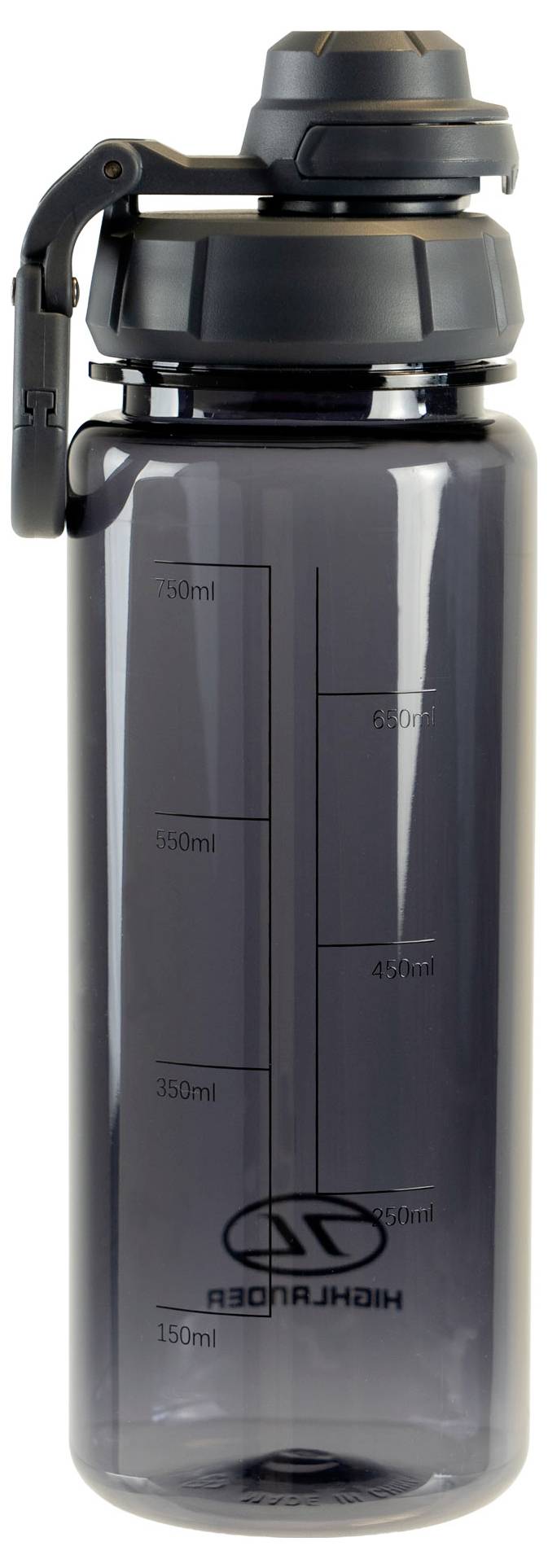 Černá lahev na vodu s překlopným víkem označená stupnicí od 150ml do 500ml na straně. Název značky 'HIGHROLLER' je na dně.