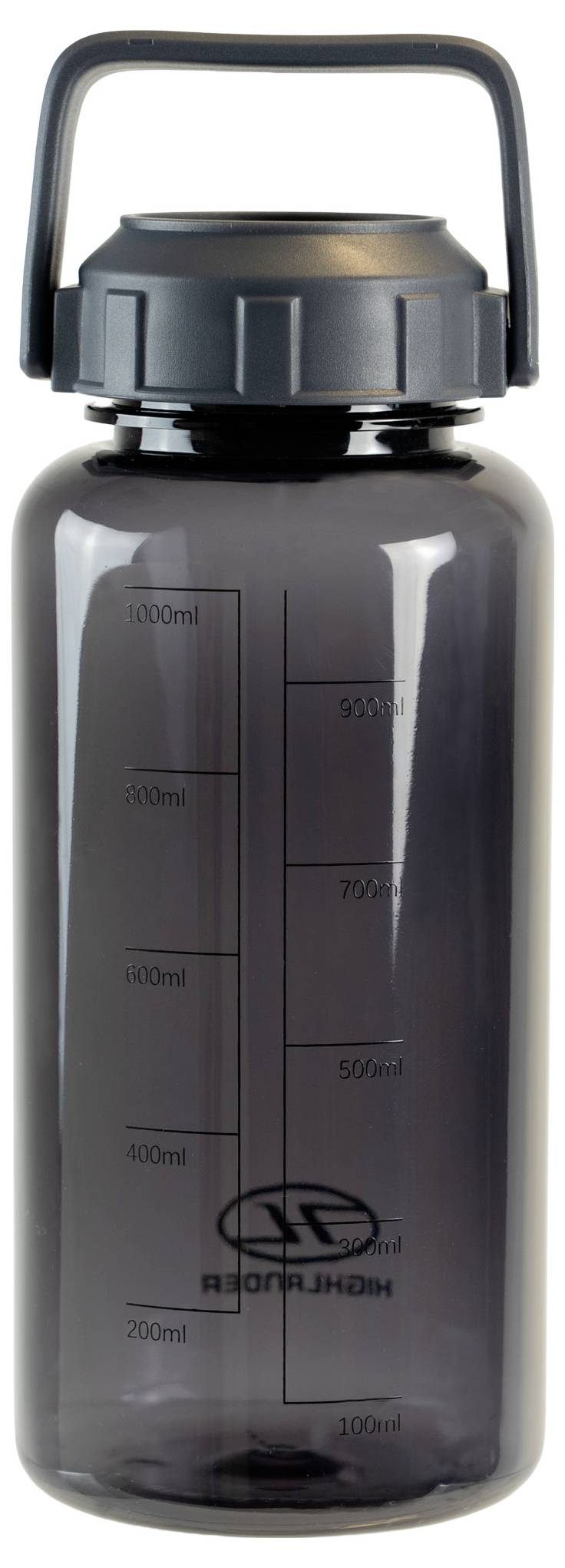 Tmavě šedá lahev na vodu s černým šroubovacím uzávěrem a rukojetí, která má značení objemu od 100 ml do 1000 ml po straně.