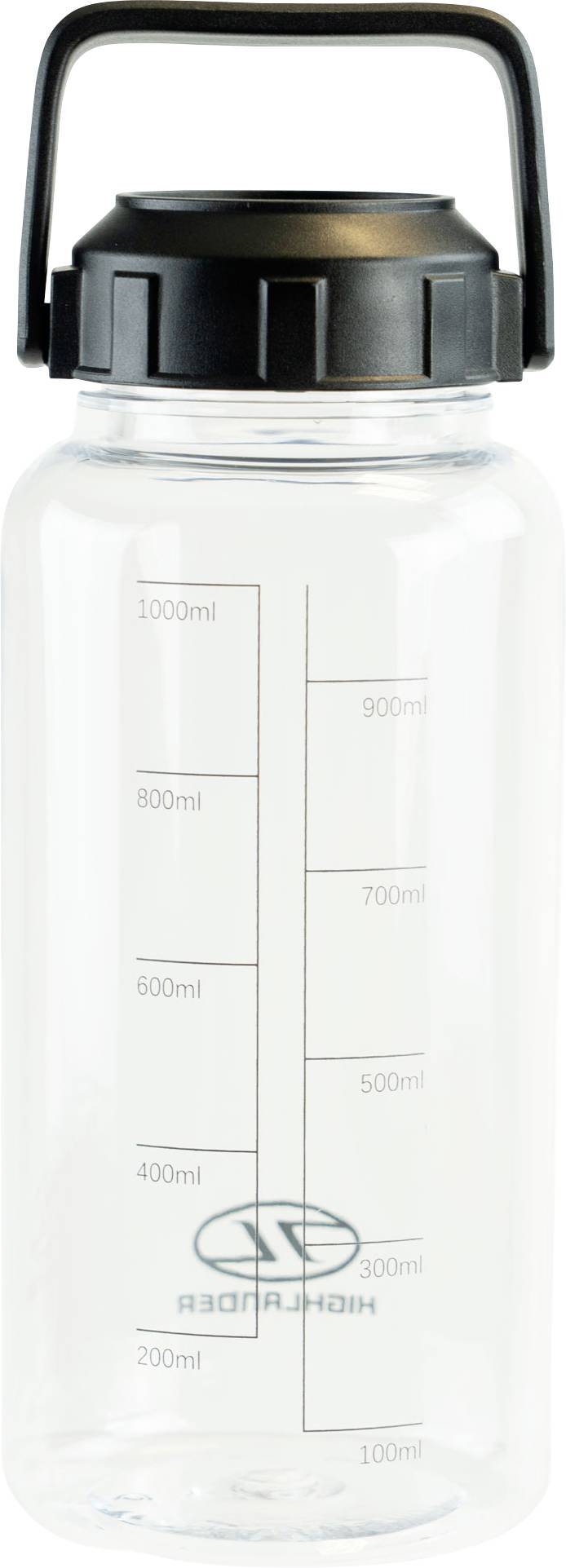 Průhledná láhev na vodu s černým závitem víčkem a přepravní rukojetí je vybavena značkami pro měření od 200ml do 1000ml.