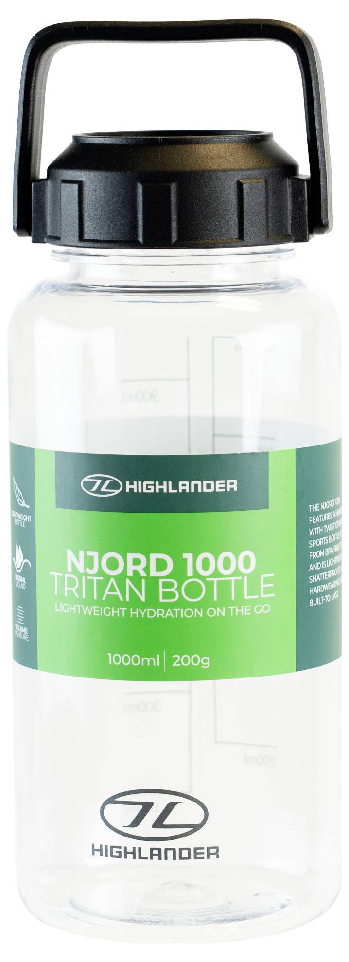 Čirá láhev na vodu značená 'Njord 1000 Tritan Bottle' s černým uzávěrem a rukojetí, navržená pro lehkou hydrataci, obsah 1000 ml.