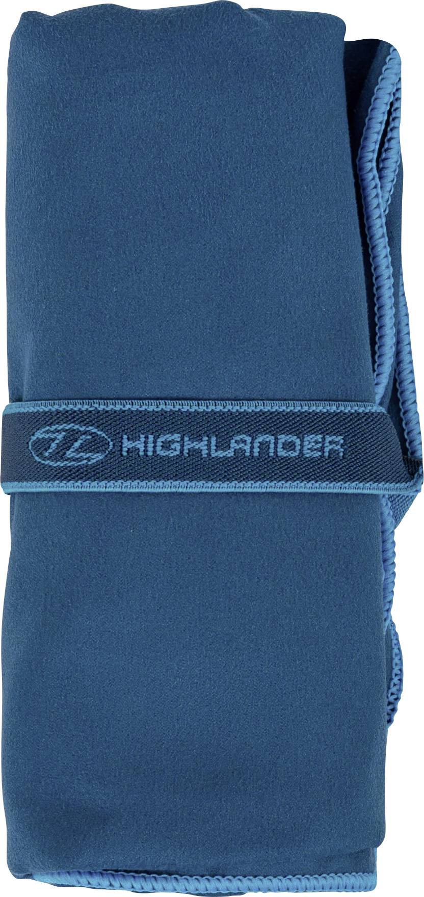 Modrý ručník z mikrovlákna Highlander svinutý a zajištěný se značkou elastická páska.
