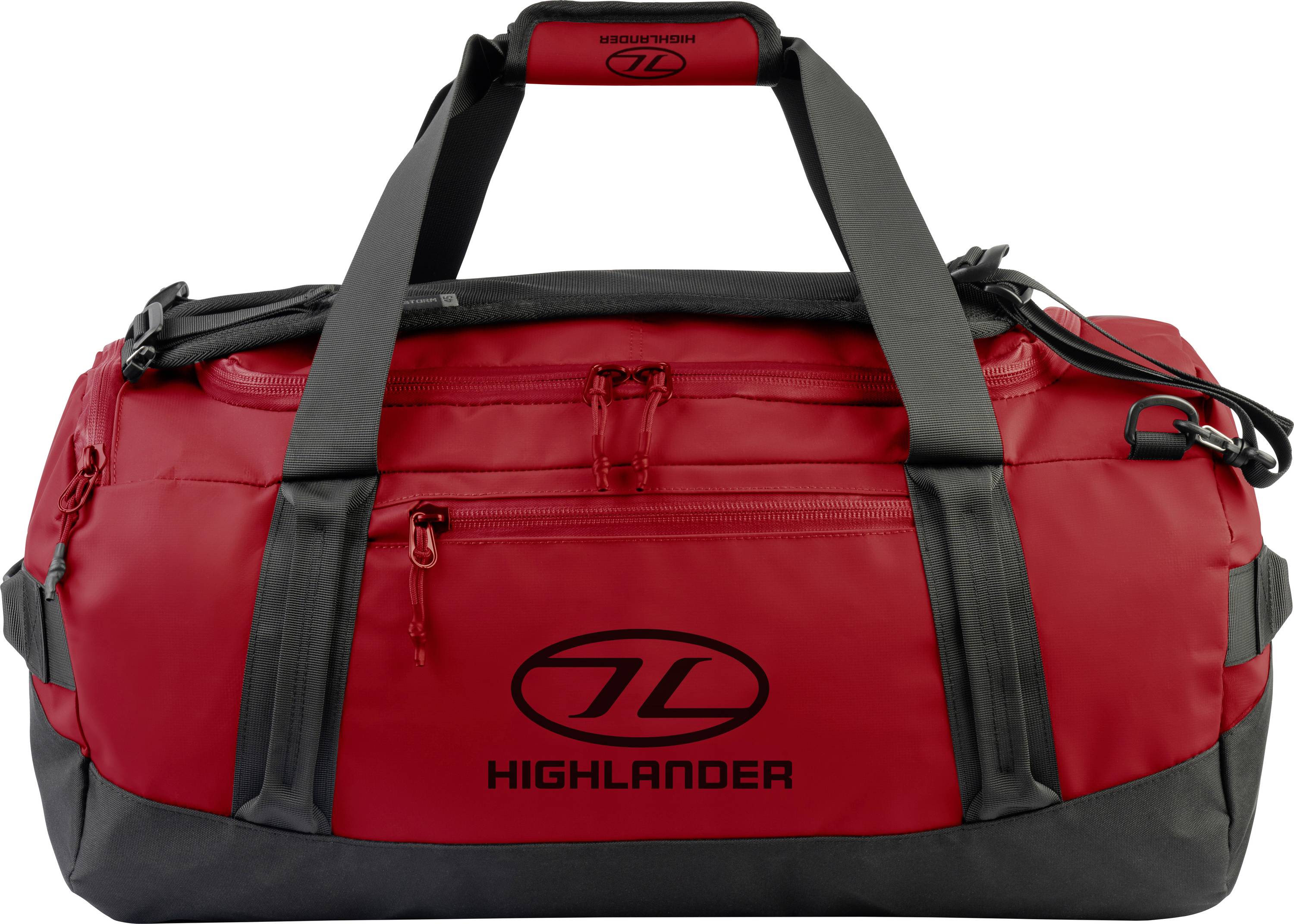 Červená cestovní taška s černými popruhy a zipy, s logem "Highlander" na boku. Vhodná pro cestování nebo sportovní použití.