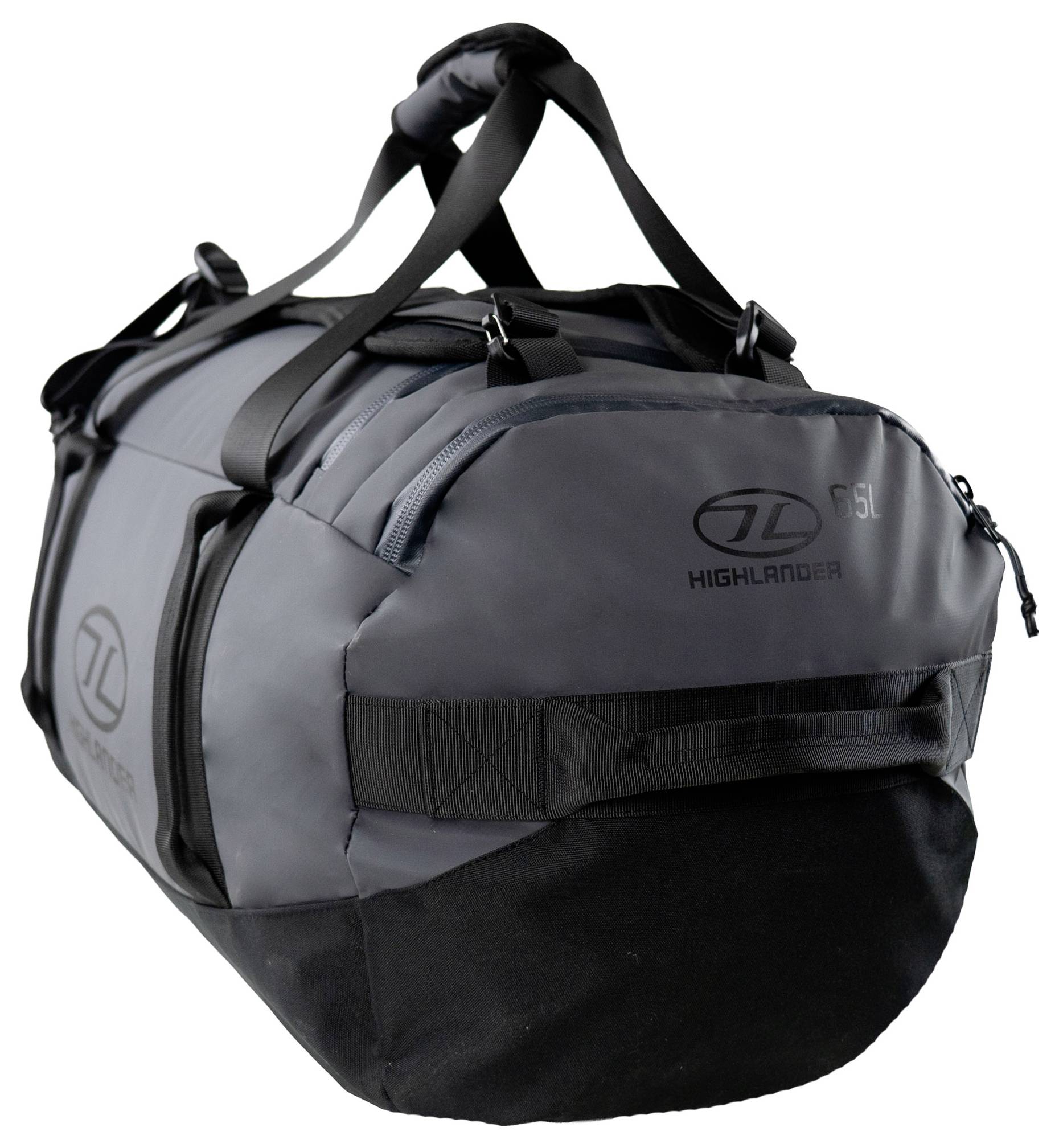 Šedá a černá sportovní cestovní taška s velkými uchy a zipy, s logem "Highlander" a označením kapacity 45L.