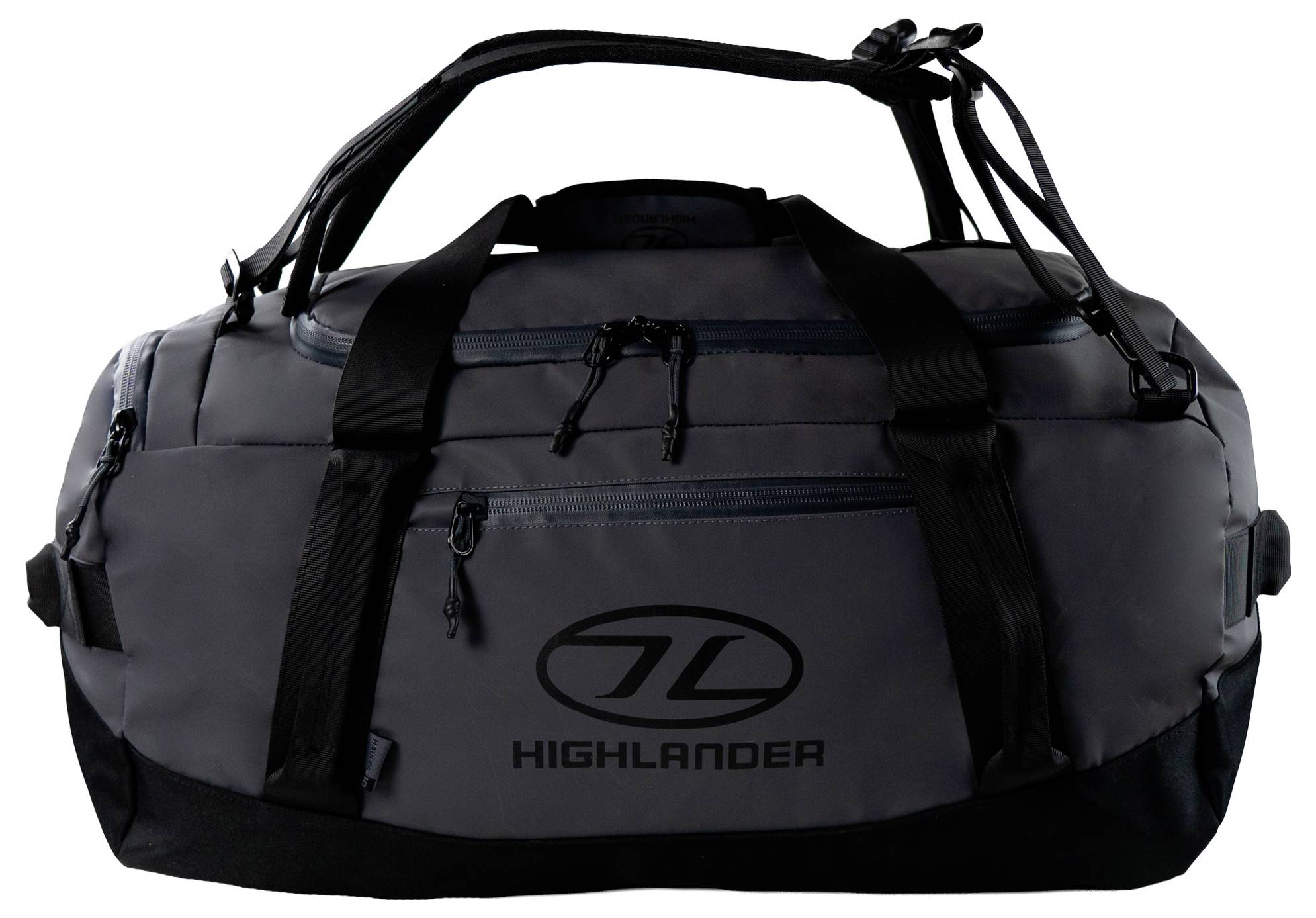 Černá a šedá sportovní cestovní taška Highlander s více uzavíranými přihrádkami na zip a nastavitelnými popruhy, určená na přepravu vybavení.