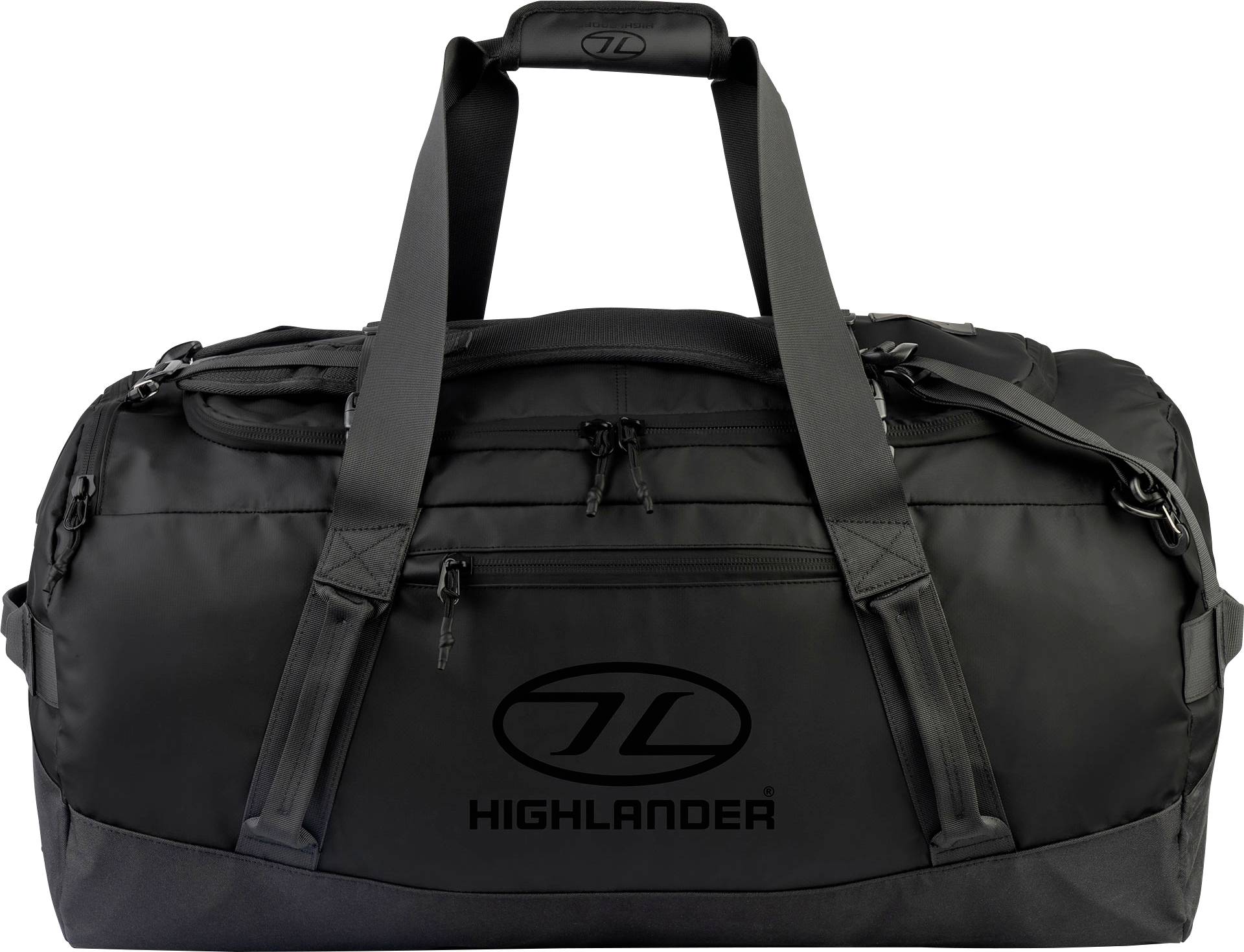 Černá cestovní taška Highlander typu duffle s dvojitými rukovětmi a zipovanou přední kapsou, se znakem Highlander na přední straně.