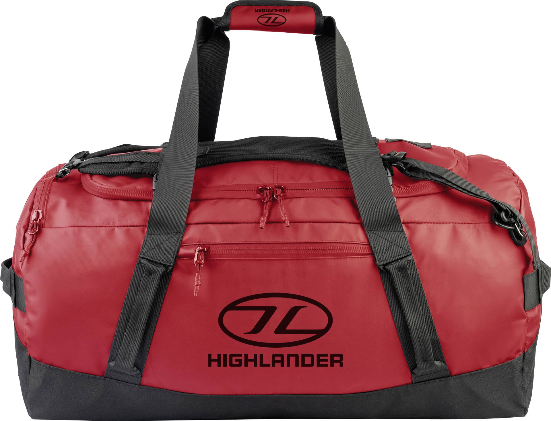 Červená cestovní taška s černými popruhy, která má logo „Highlander" a název značky v černé barvě na bílém pozadí.