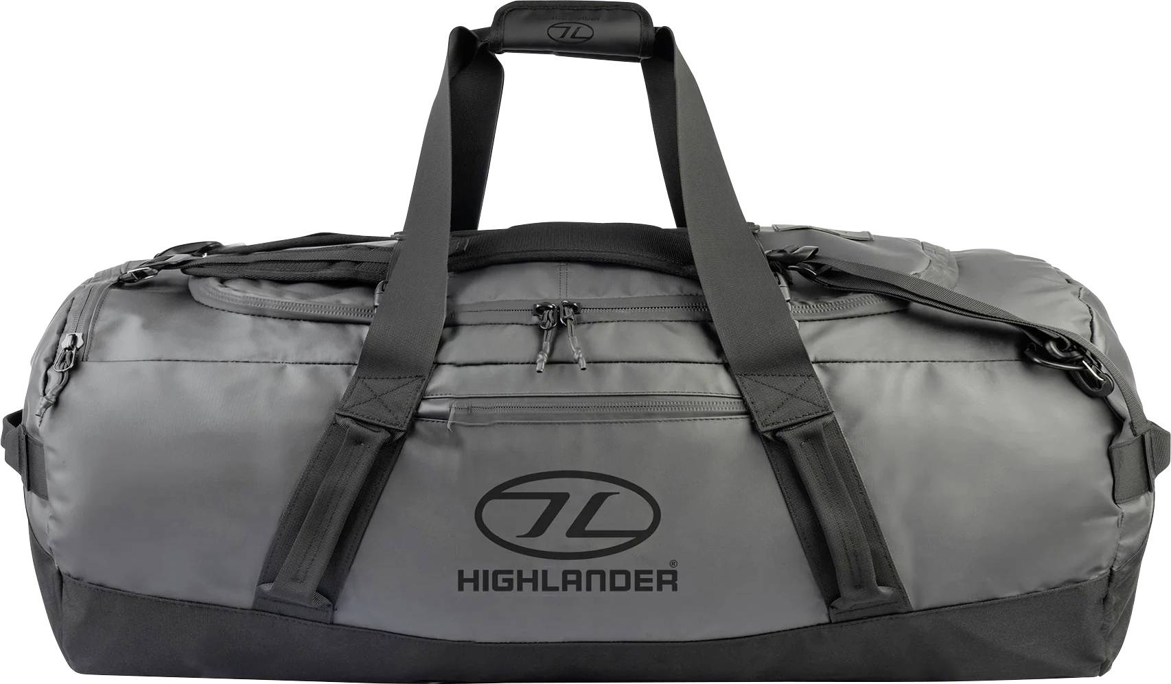 Velká šedá sportovní taška s logem "Highlander", vybavená robustními černými popruhy a zipy. Vhodná pro cestování nebo sportovní použití.