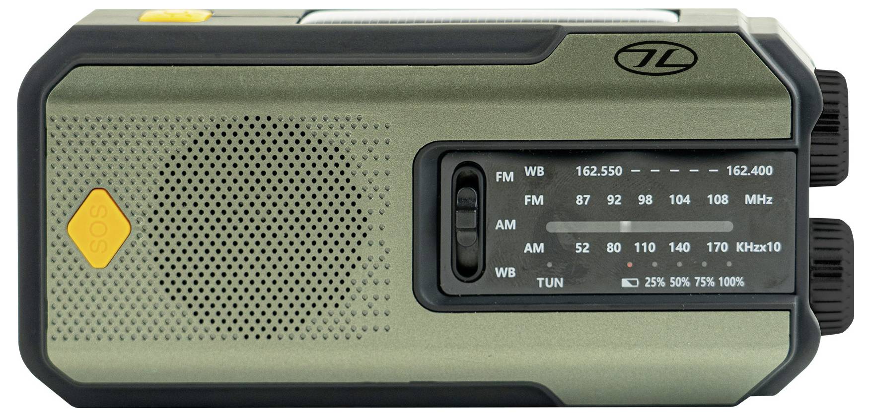 Kompaktní radio s olivově zelenou barvou s pásmy FM, AM a WB, ovládacím prvkem hlasitosti a laďovacím knoflíkem a reproduktorem.