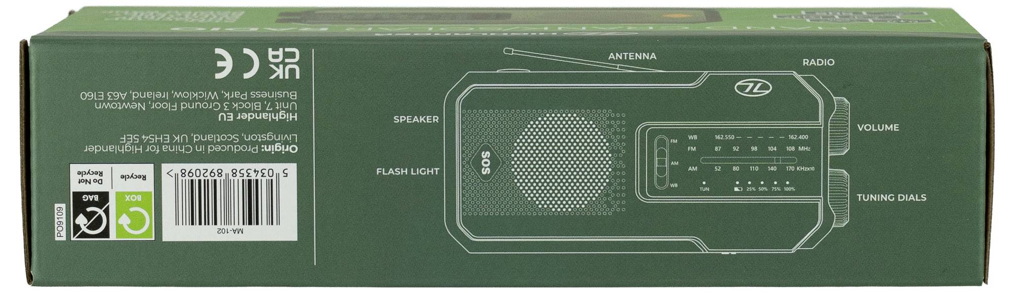 Krabice označená „Nouzové rádio AM/FM" s diagramy zobrazujícími její vlastnosti: reproduktor, svítilna, anténa, hlasitost, nastavení rádia a ladění.