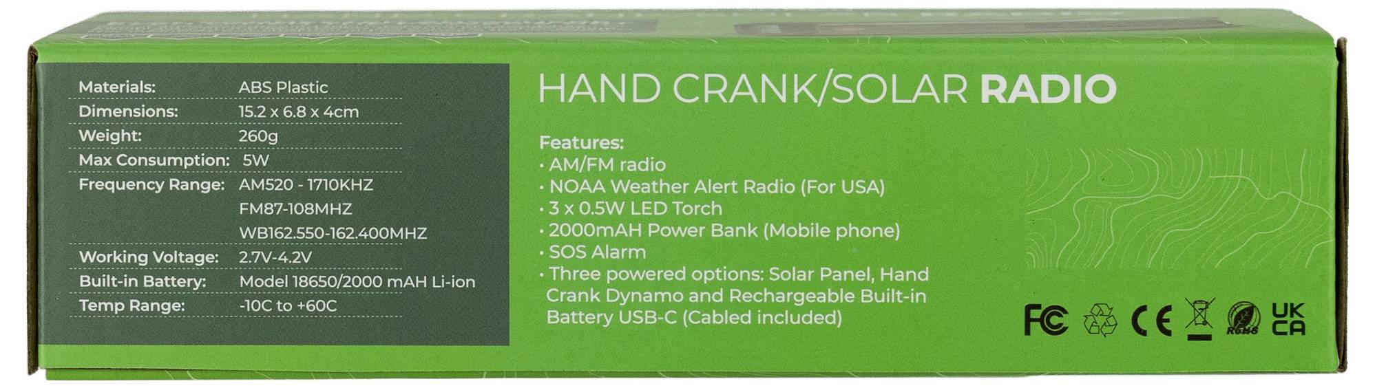 Balení "Ruční klikou/Solární Rádio" s funkcemi: AM/FM rádio, upozornění na počasí NOAA, LED baterka, nabíjecí stanice, alarm SOS. Poháněno slunečním panelem, ruční klikou a nabíjecí baterií.