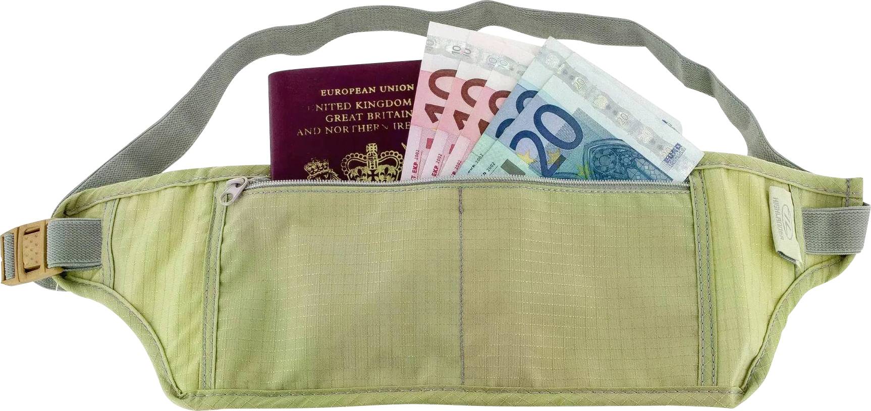 Cestovní peněženkový pás s pasem a různými eurových bankovkami.