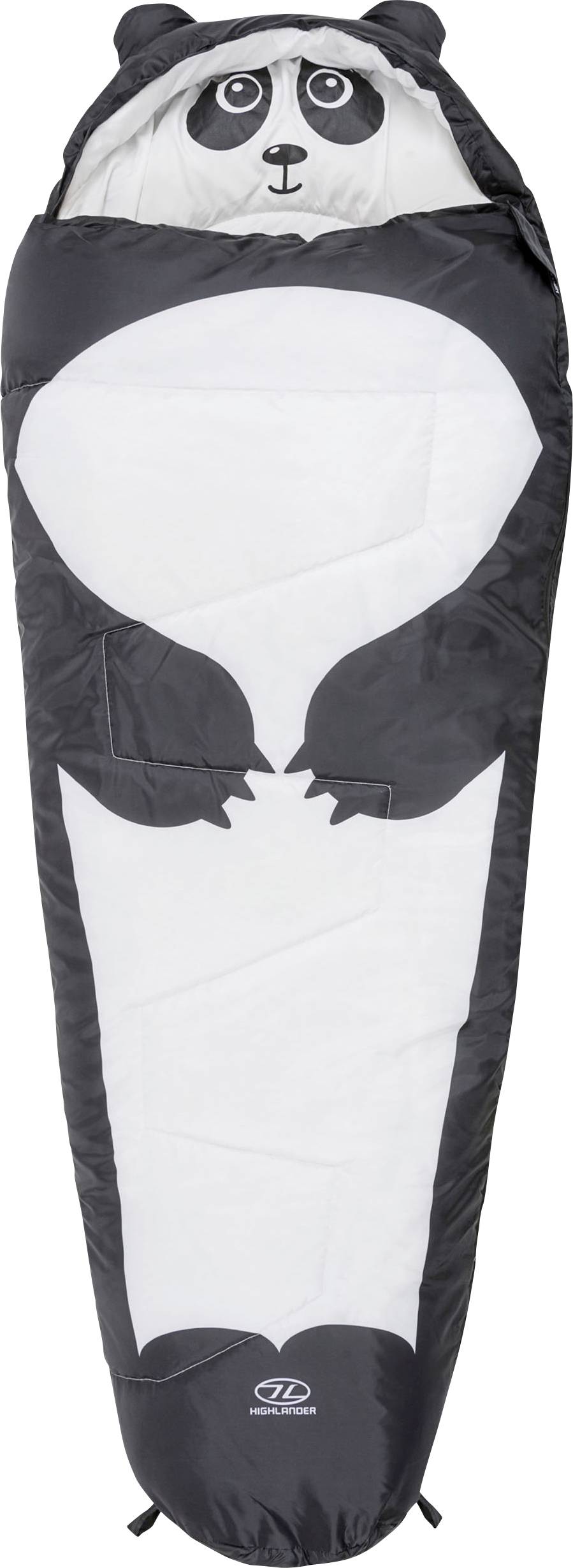 Černo-bílý spací pytel s motivem pandy včetně designu pandí tváře a těla, vhodný pro děti.