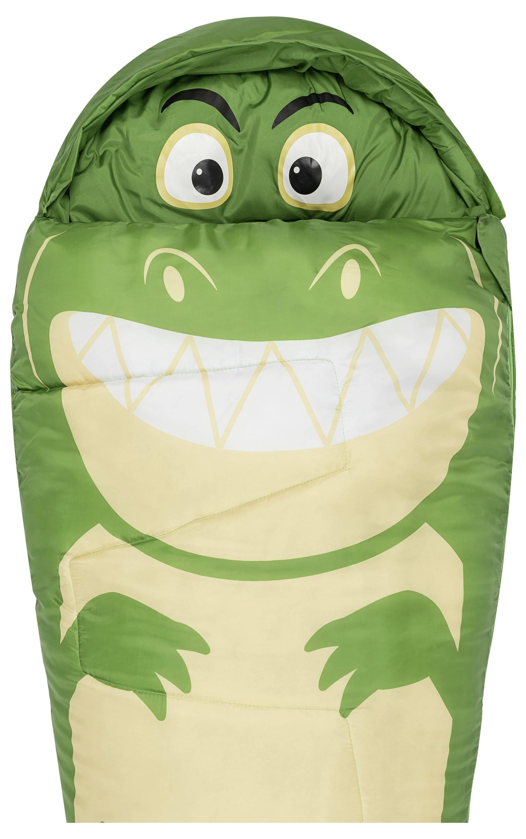 Zelený spací pytel s motivem dinosaura, oči ve stylu kreslené postavy a širokým úsměvem plným zubů, určený pro děti.