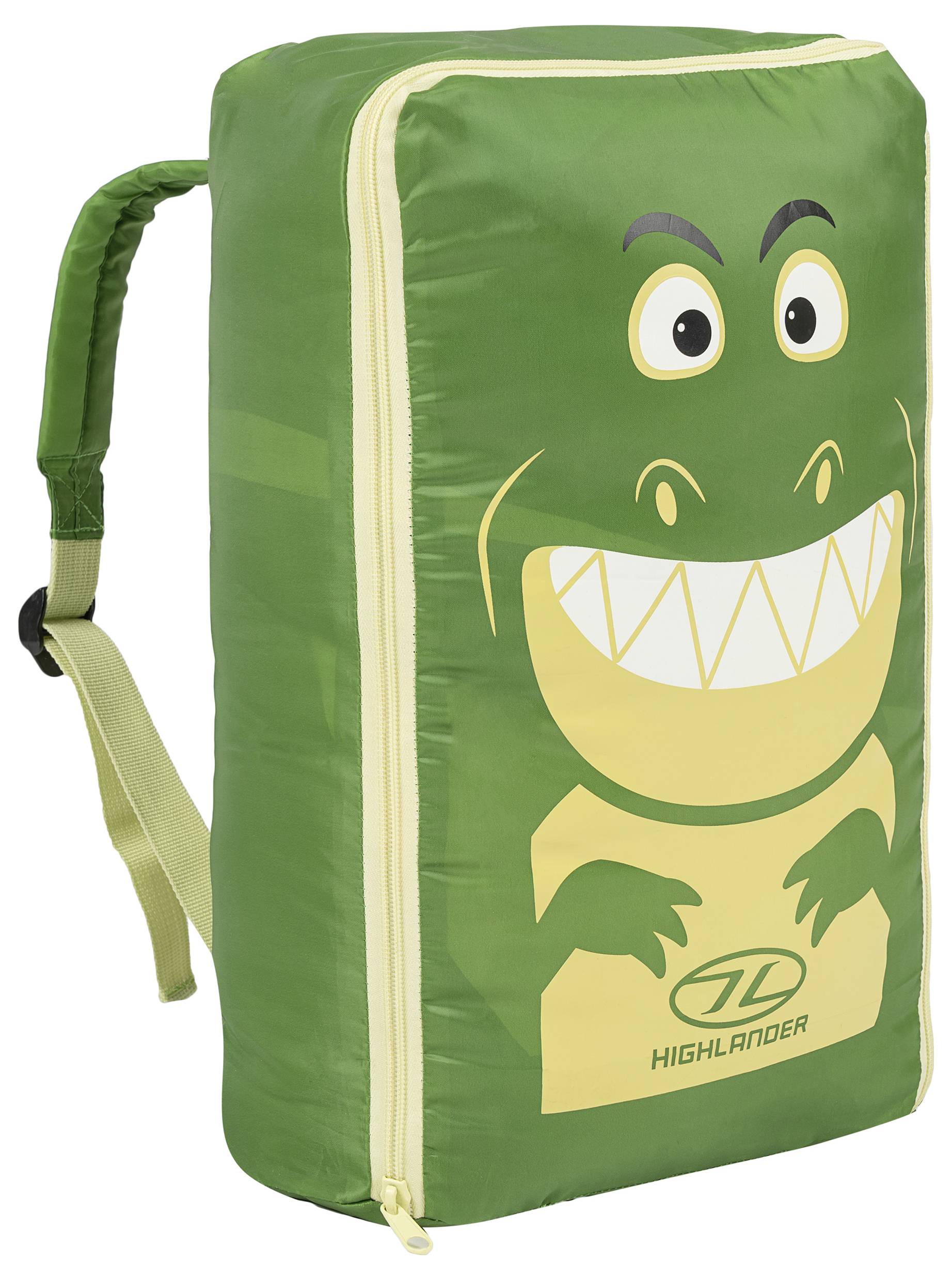 Zelený dětský batoh Highlander s hravým designem kreslené dinosaury na přední straně, s uzavíráním na zip a nastavitelnými popruhy.