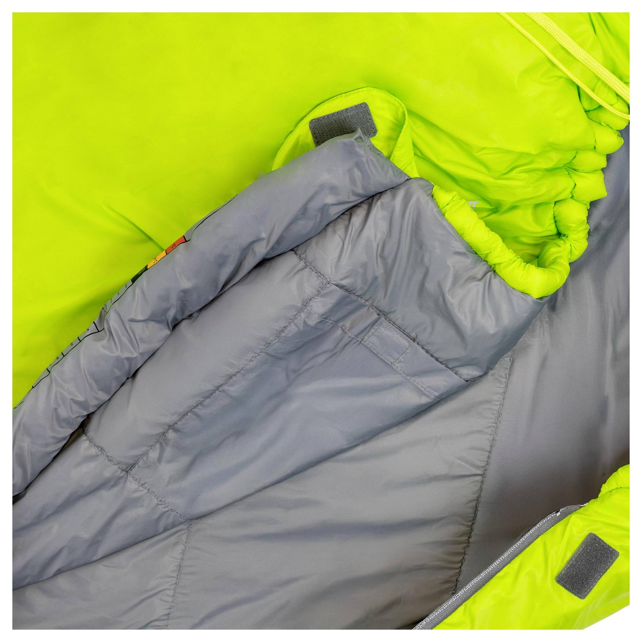 Detailní záběr na zelený a šedý spacák se zobrazením vnitřní podšívky a vnějšího materiálu. Jsou viditelné zip a tah na kapuci.