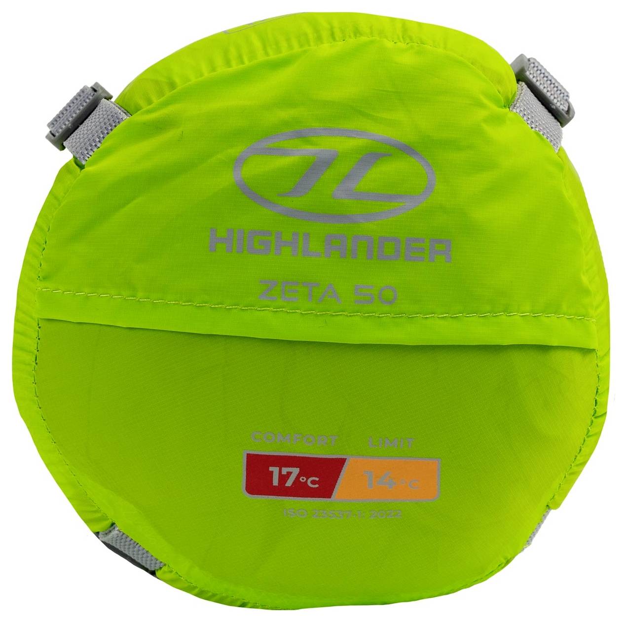 Spacák Green Highlander Zeta 50 s teplotním hodnocením „Comfort" 17°C a „Limit" 14°C vytištěným na přední straně.