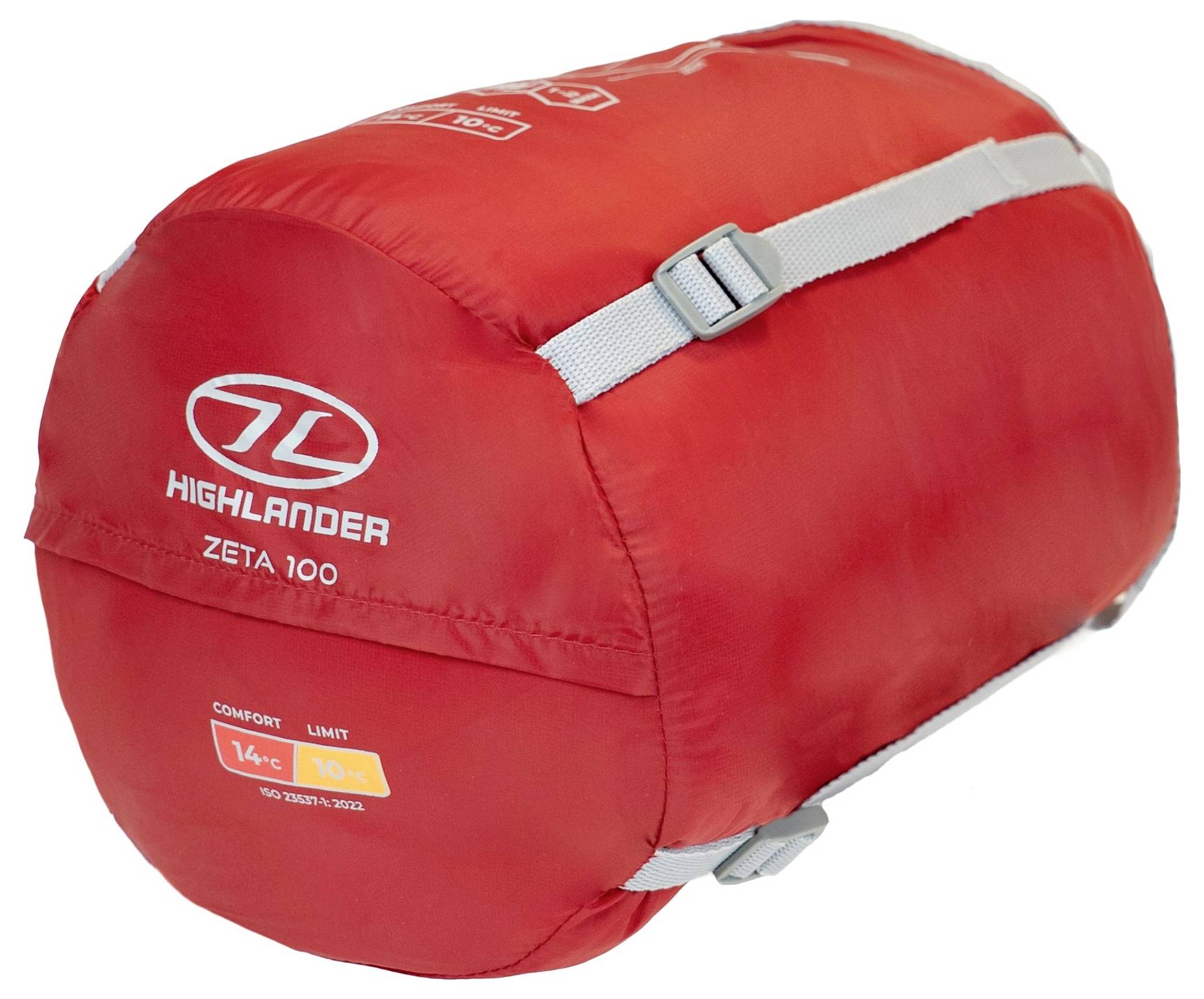 Sada spacího pytle Highlander Zeta 100 v červené barvě s bílými logy a popruhy, označená teplotami pohodlí 14°C a 10°C.