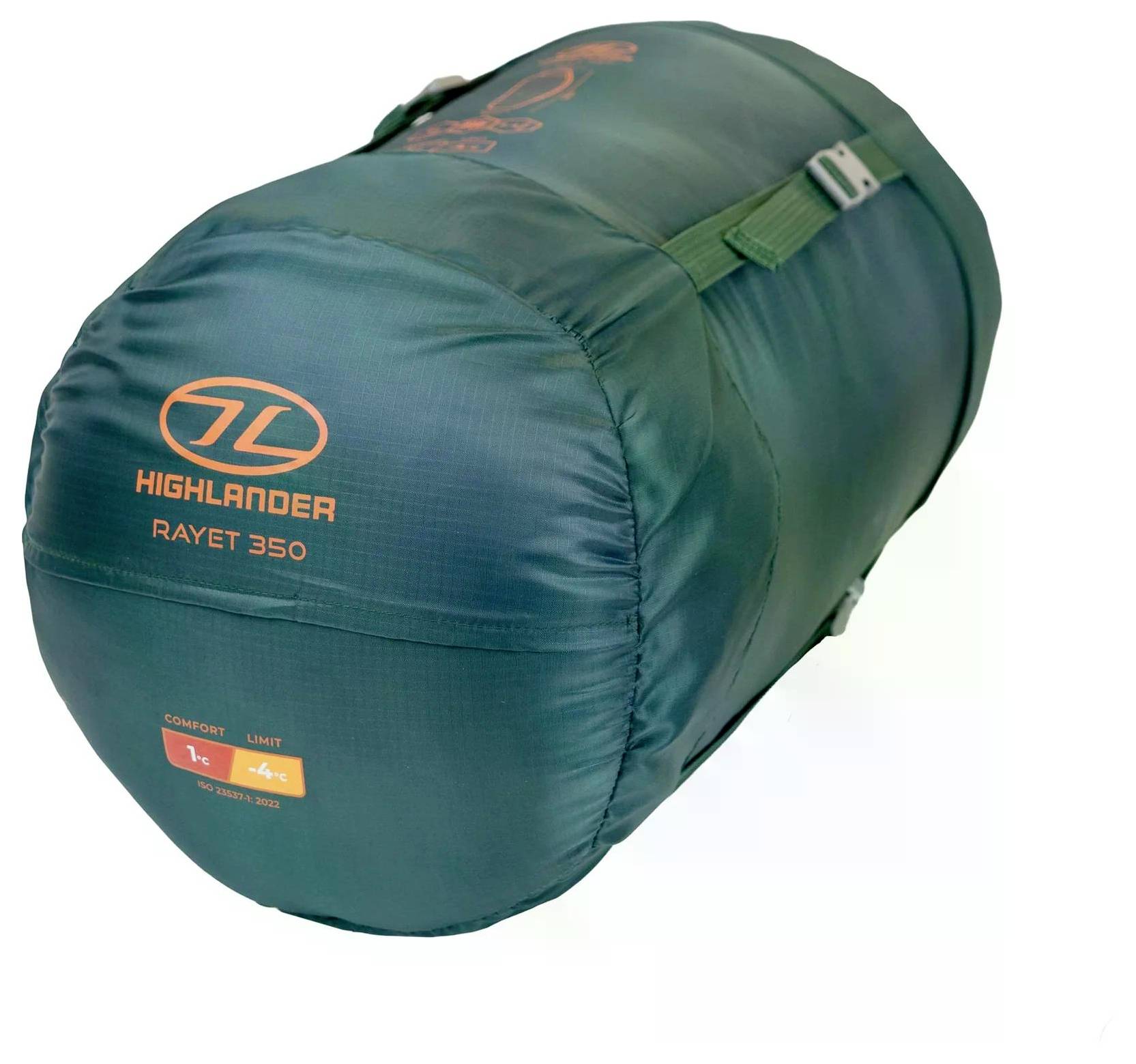Spací pytel Green Highlander Rayet 350 se popruhy a oranžovými detaily, označený pro "komfort 1°C" a "limit -4°C".