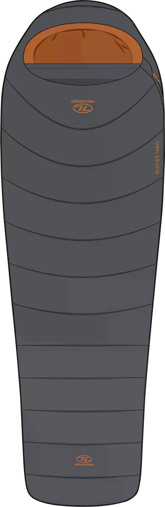 Šedý a oranžový spacák zobrazený shora, který vyzdvihuje jeho aerodynamický design ve stylu mumie, vhodný pro outdoor kempování.