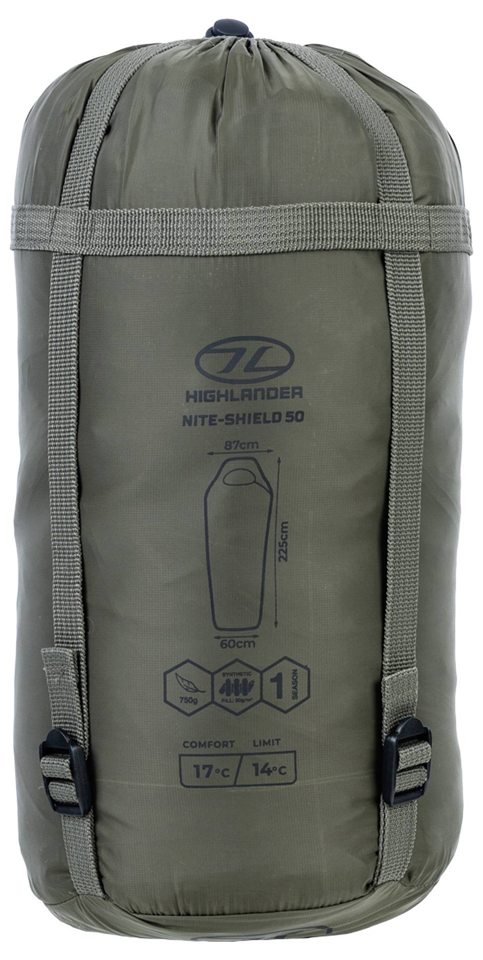 Spacák v kompresním obalu se štítkem "Highlander Nite-Shield 50" s teplotou pohodlí 17°C, limitní teplotou 14°C a rozměry 235cm x 87cm.