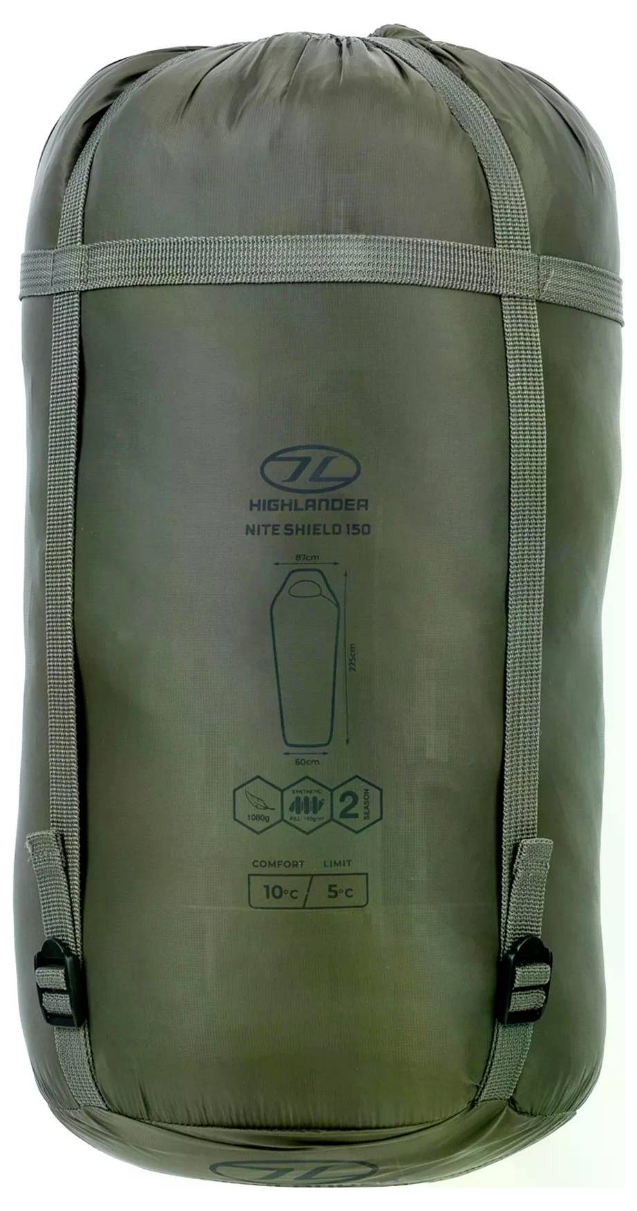 Spacák se popruhy, označený "Highlander Nite Shield 150", zobrazuje teplotní rozsah: komfortní teplota 10°C, limitní teplota 5°C.