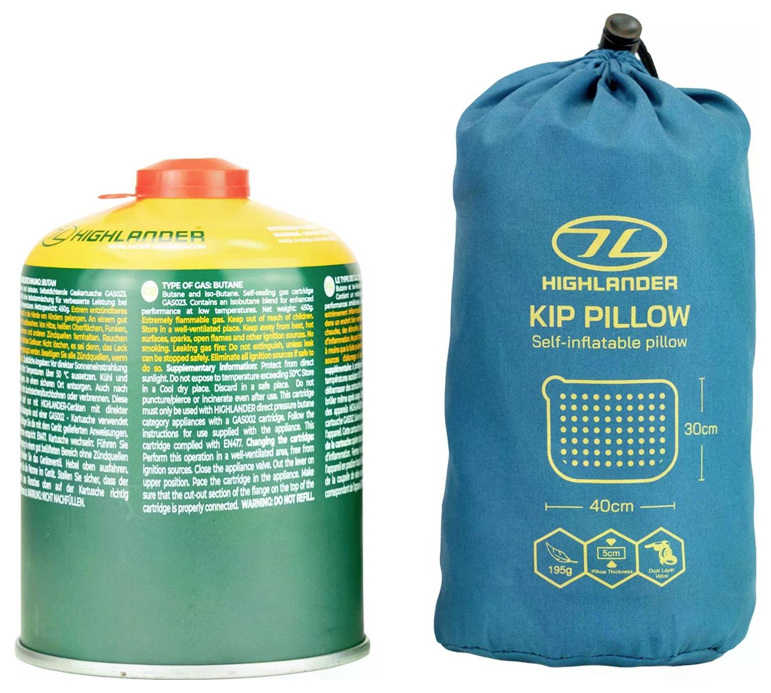 Plynová kartuše do kempování vedle tašky polštáře Highlander Kip Pillow. Plynová kartuše má bezpečnostní pokyny; polštář je 40x30 cm a samozavzdušňující se.