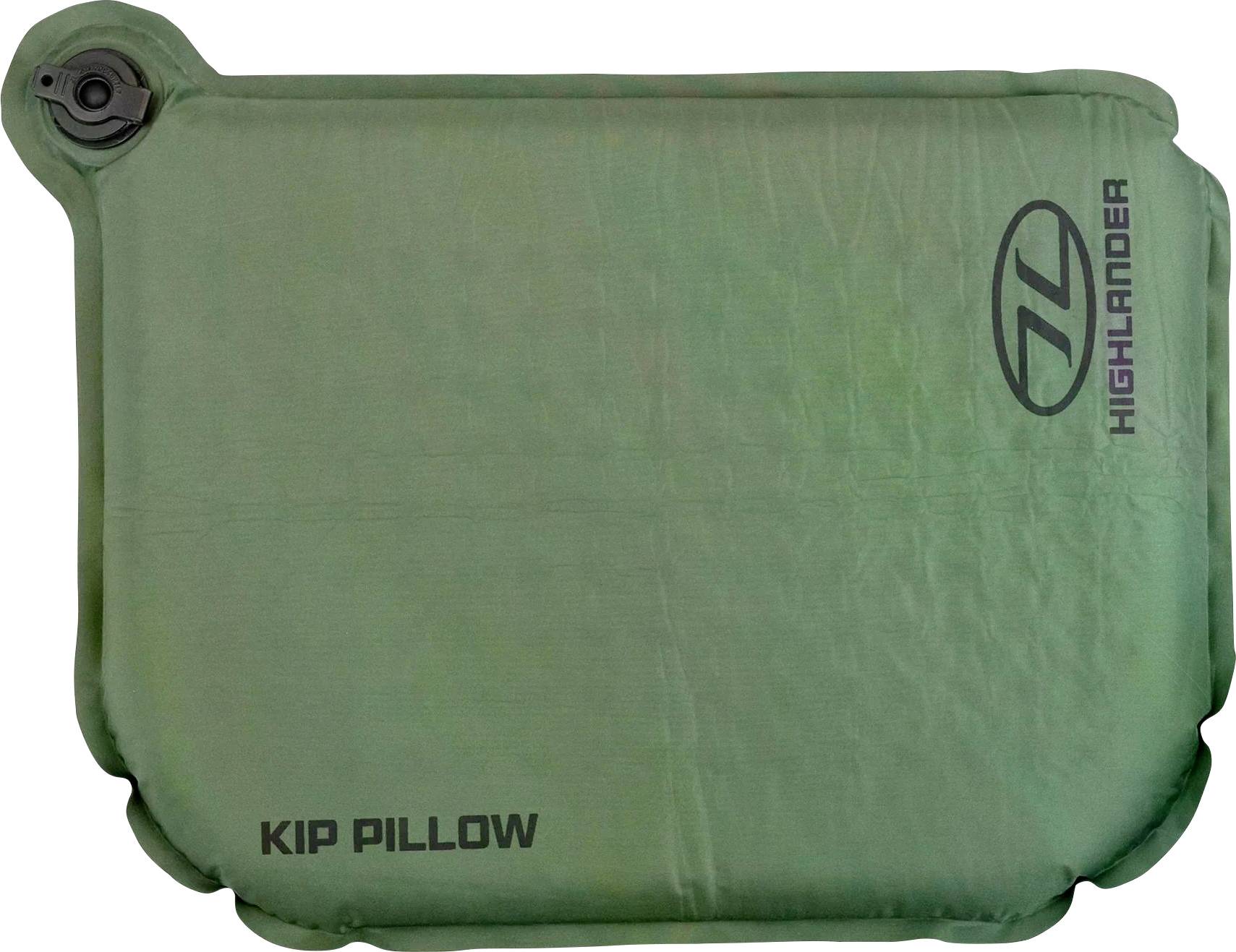 Zelený nafukovací cestovní polštář značky 'Kip Pillow' od společnosti Highlander, určený pro venkovní použití nebo kempování.