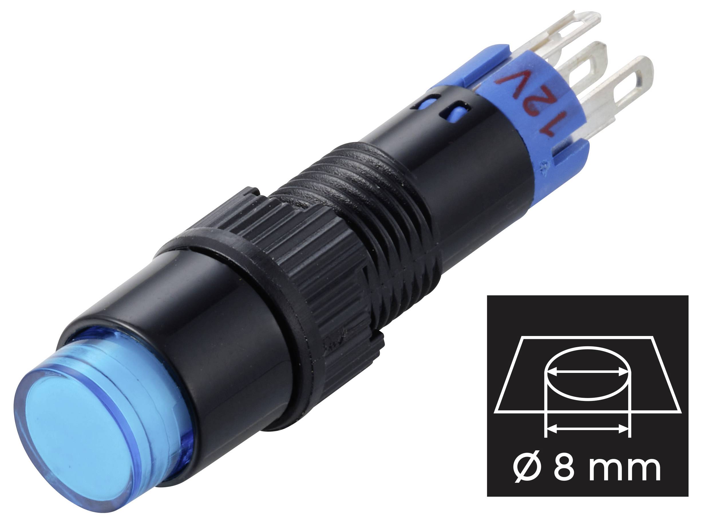 Černé a modré indikační svítidlo 12V s vystupujícími kovovými svorkami, zobrazené s popisem velikosti udávajícím průměr 8 mm.