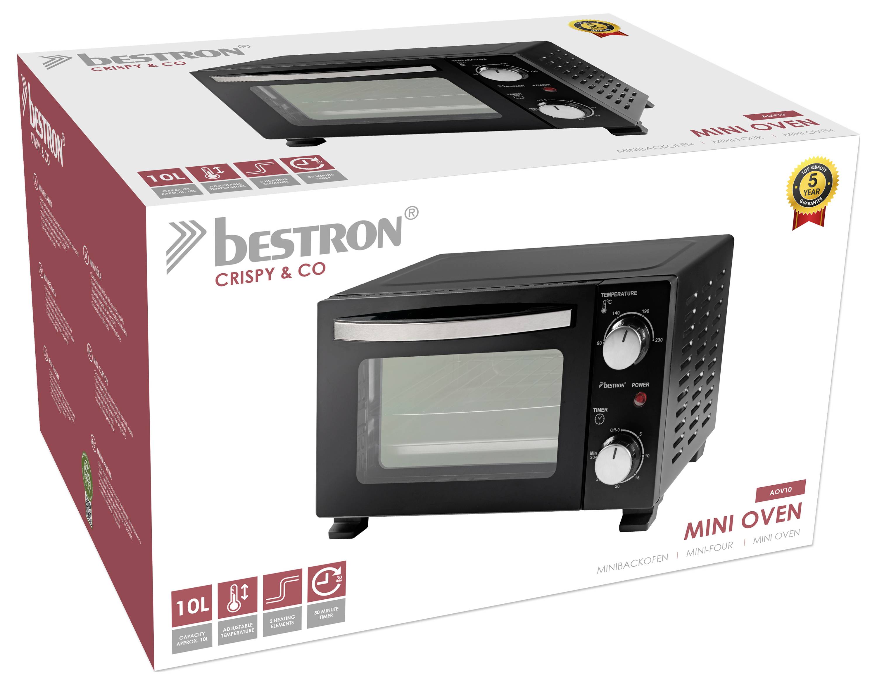 Krabice zobrazující "Bestron Mini Oven" s obrázkem produktu, logem značky, ikonou kapacity 10L, výkonem 1300W a odznakem energetické účinnosti.