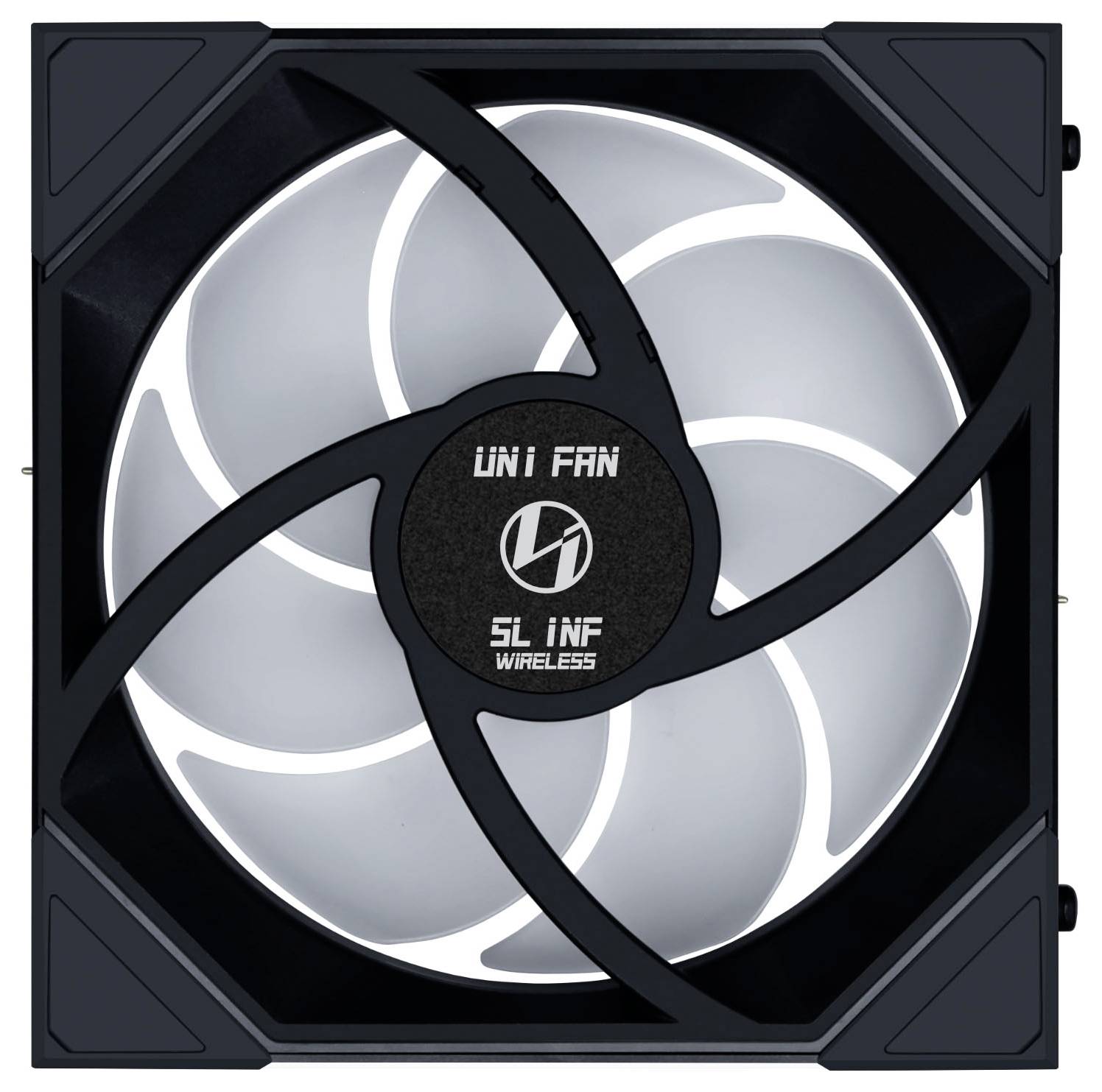 Černý chladicí ventilátor počítače s pěti zakřivenými lopatkami s textem "UNI FAN SL INF WIRELESS" uprostřed.