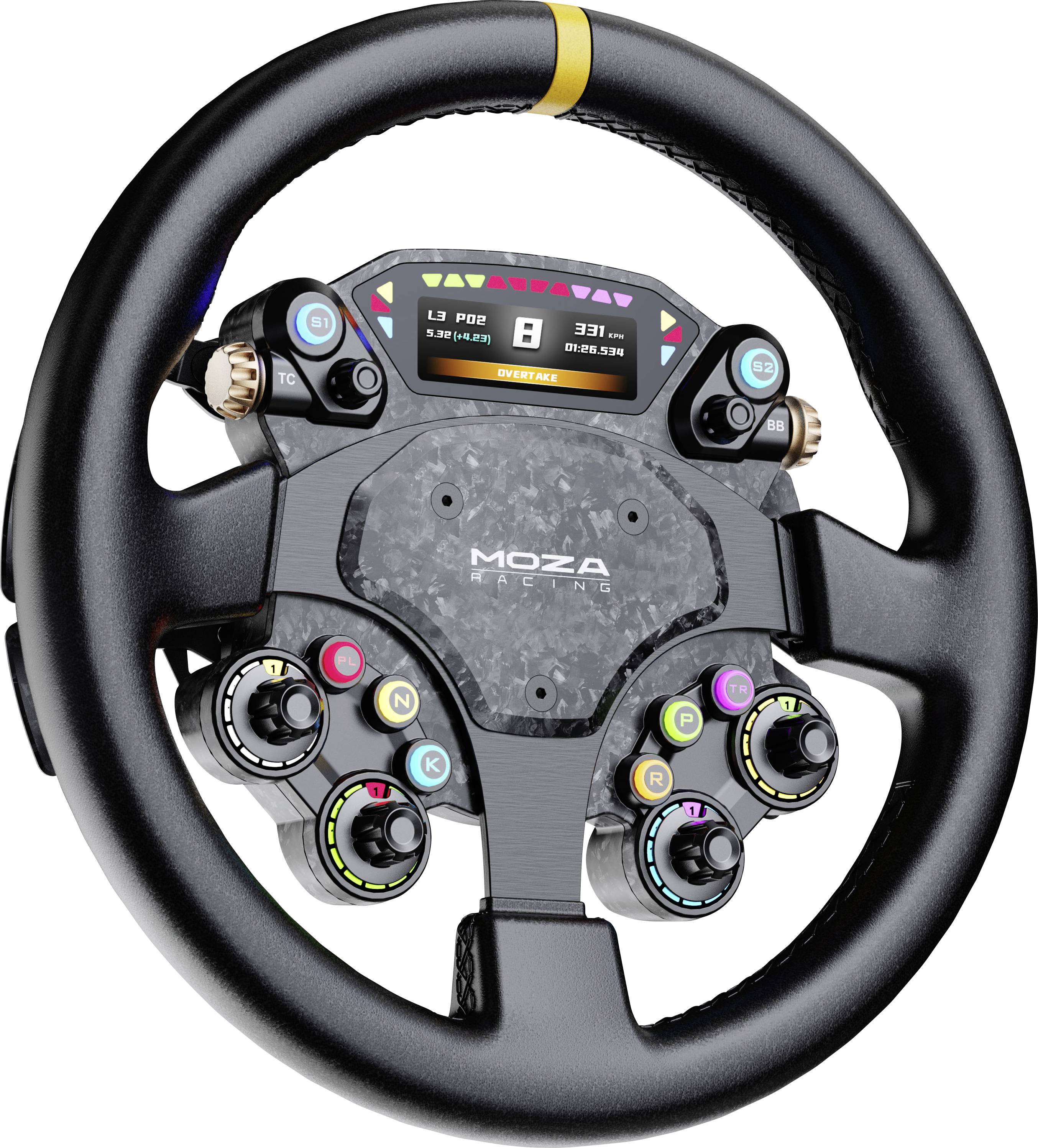 Černý závodní volant s tlačítky a digitálním displejem zobrazujícím detaily rychlosti a převodu. Text na volantu: 'Moza Racing'.