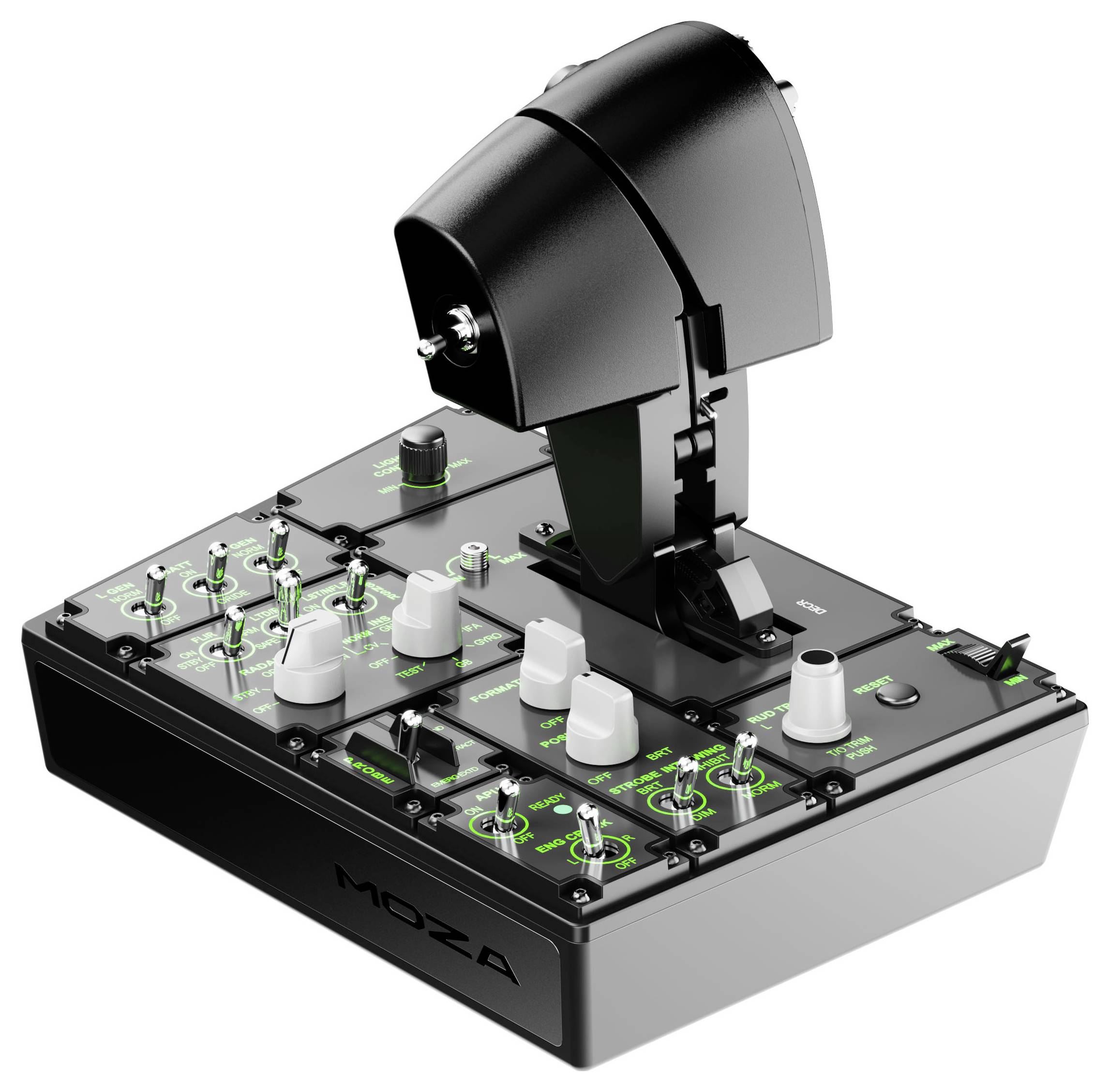 Černý průmyslový joystick ovladač se více tlačítky, ovladači a spínači připevněnými na základně označené „MOZA".