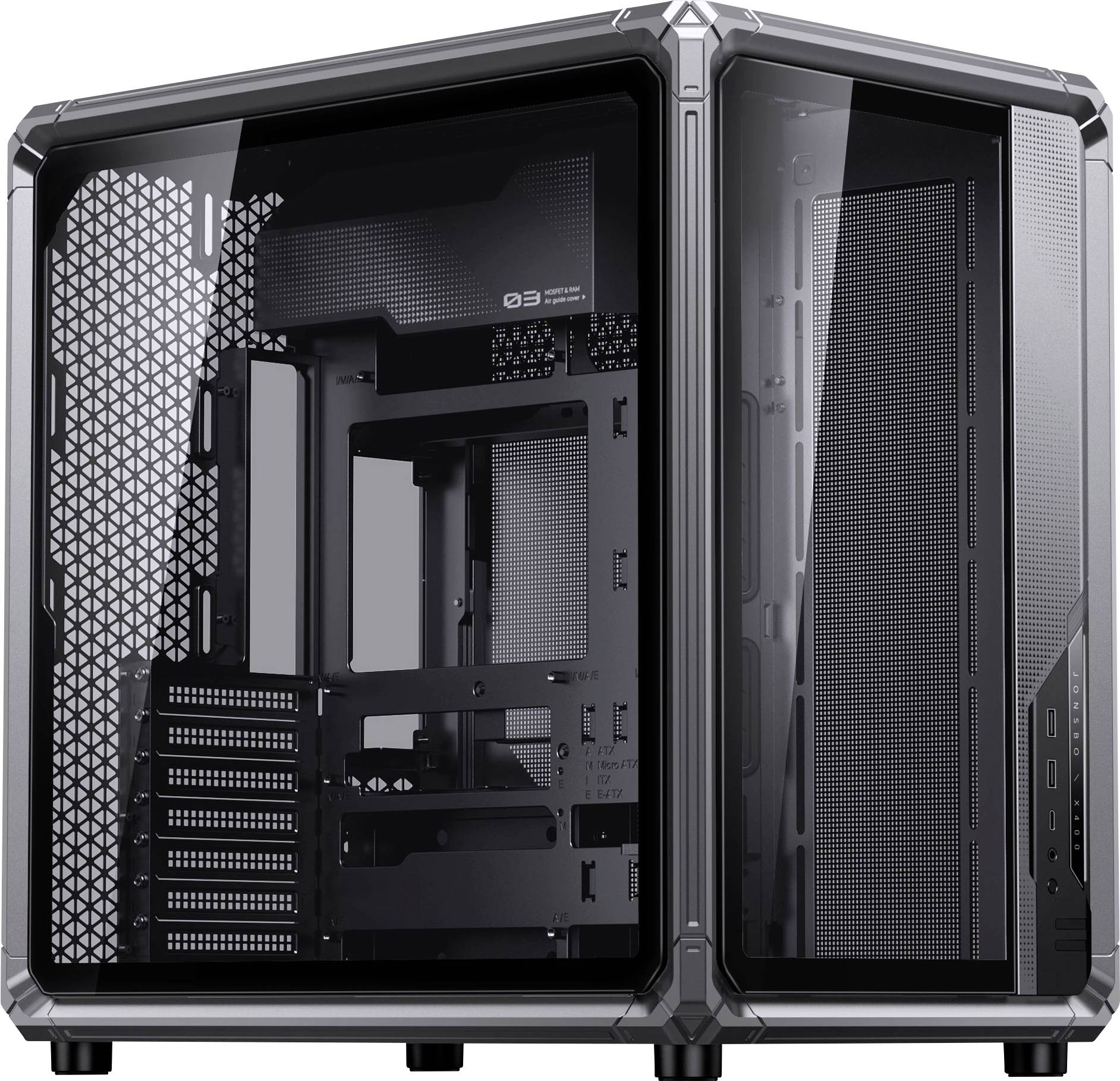 Krycí skříň počítače tvaru krychle s průhledným bočním panelem odhaluje více slotů pro součástky a elegantní, minimalistický design.