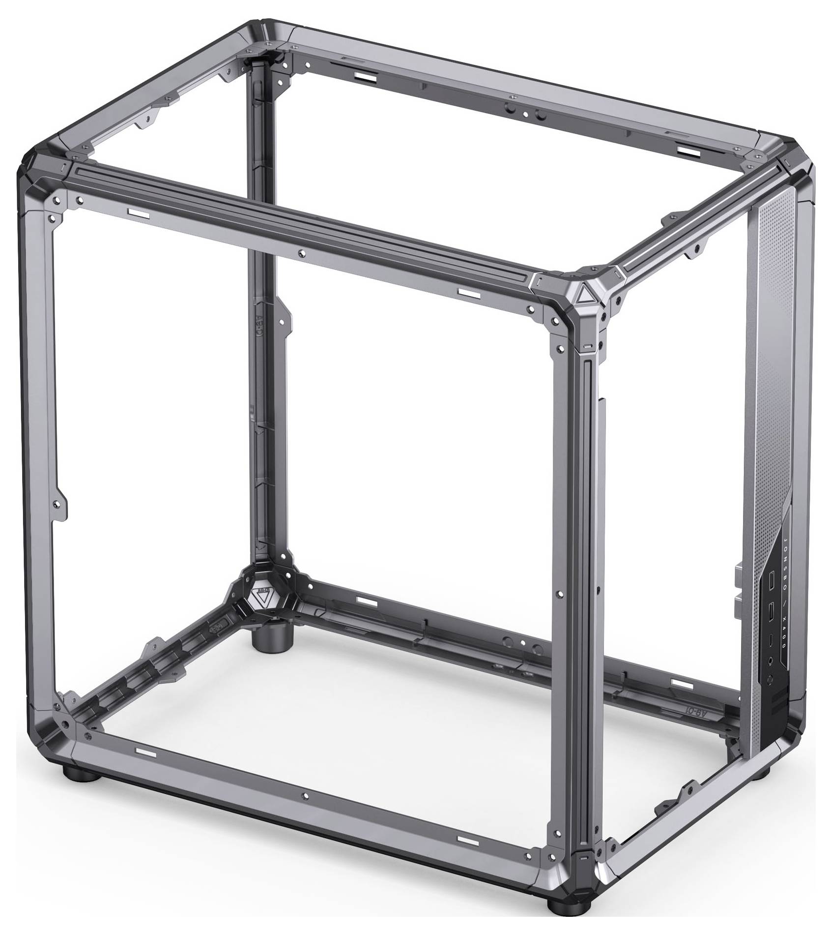 Otevřená počítačová skříň s minimalistickým, kovovým designem, která předvádí odolnou konstrukci a modulární kompatibilitu pro technické stavby.