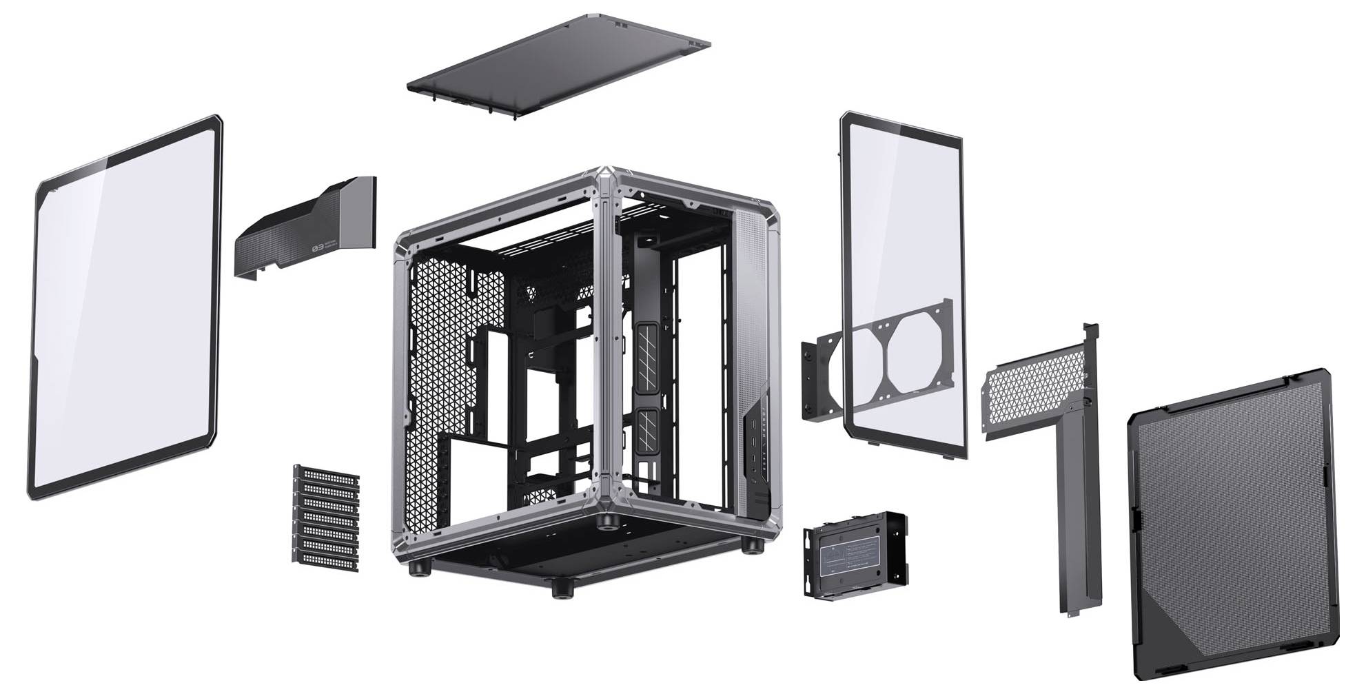 Rozložený pohled na skříň počítače zobrazující oddělené panely, rám, ventilátory a komponenty, ilustrující rozložení montáže.