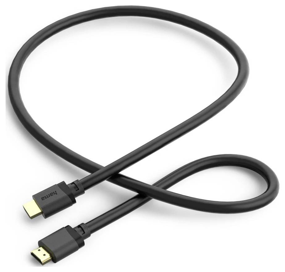 Černý kabel HDMI se zlatými konektory, stočený do smyčky, označený „hdmi".