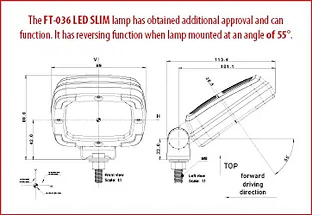 Technická kresba LED SLIM svítidla FT-036 zobrazující přední a boční pohledy, rozměry a úhel montáže; poznámka uvádí, že má funkci otáčení při montáži pod úhlem 55°.
