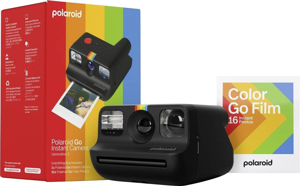 "Instantní fotoaparát Polaroid Go" zobrazený s obalem a balením "Color Go Film" na 16 okamžitých fotografií s motivem duhy.