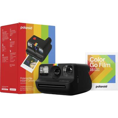 "Instantní fotoaparát Polaroid Go" zobrazený s obalem a balením "Color Go Film" na 16 okamžitých fotografií s motivem duhy.