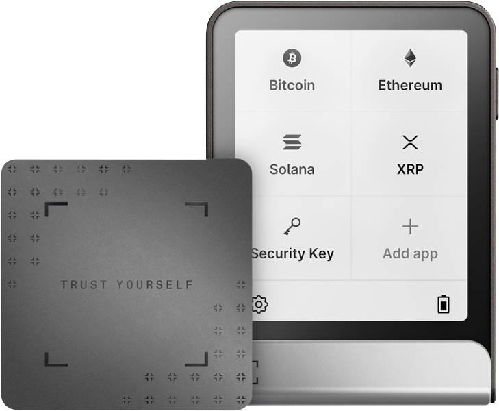 Digitální kryptoměnová peněženka zobrazující možnosti pro Bitcoin, Ethereum, Solana a XRP. Vedle ní je vidět kartička s textem "Věřte si".