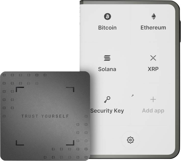 Rozhraní digitální peněženky zobrazující možnosti kryptoměn: Bitcoin, Ethereum, Solana a XRP, vedle bezpečnostní karty s nápisem "Věř si sám/sama".