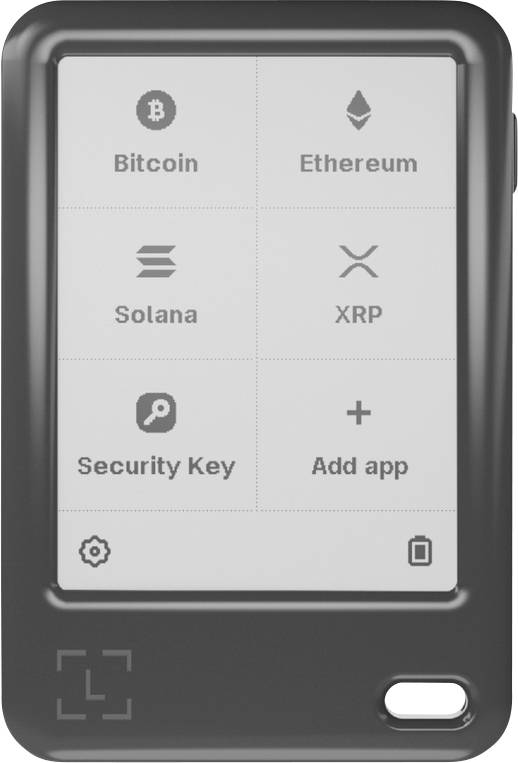 Rozhraní digitální peněženky zobrazující možnosti kryptoměn: Bitcoin, Ethereum, Solana, XRP, Bezpečnostní klíč a funkci Přidat aplikaci.