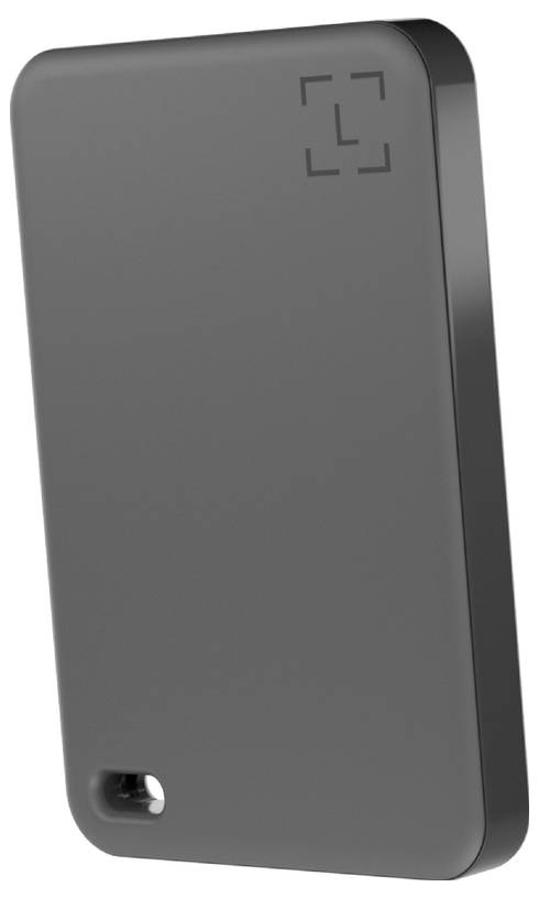 Hladká, černá externí pevný disk se zaoblenými hranami, s jemným logem v horním rohu.