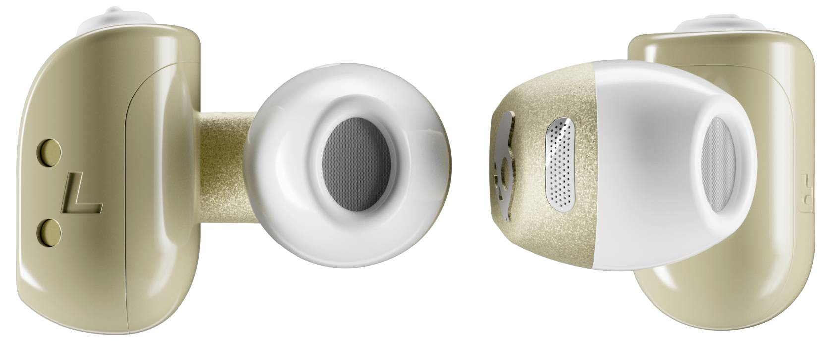 Pár zlatých a bílých sluchátek zobrazený z bočního a horního pohledu se zdůrazněním designu sluchátka a kontaktních bodů nabíjení.