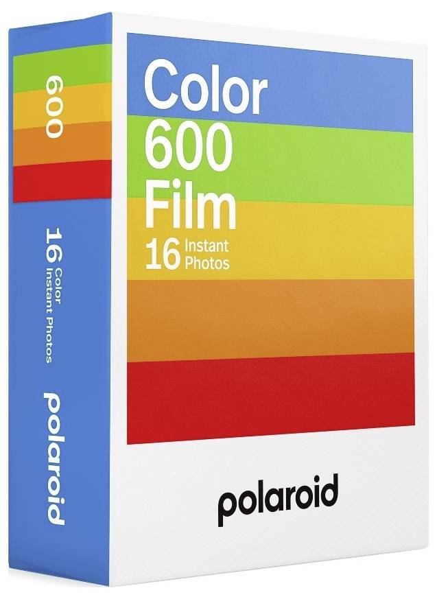 Krabička „Polaroid Color 600 Film" na 16 instantních fotografií s barevným pruhovým designem.