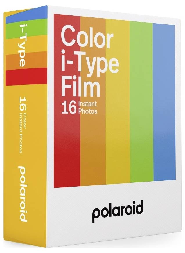 Krabice filmu Polaroid Color i-Type pro instantní fotoaparáty s duhovými pruhy a textem označujícím '16 okamžitých fotografií'.