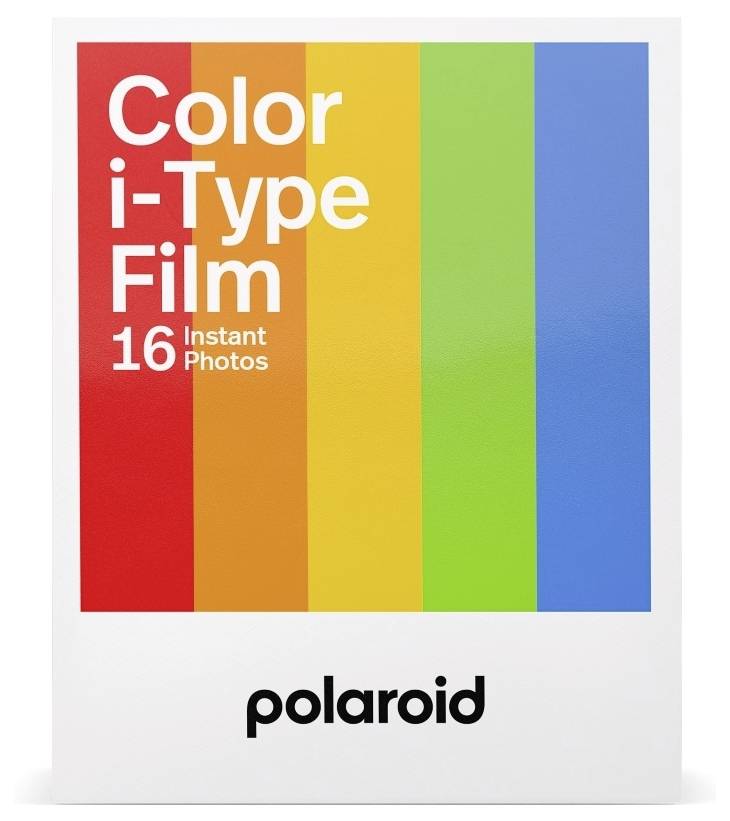 Balení "Color i-Type Film, 16 instantních fotografií" s designem duhy, s logem Polaroid v dolní části.